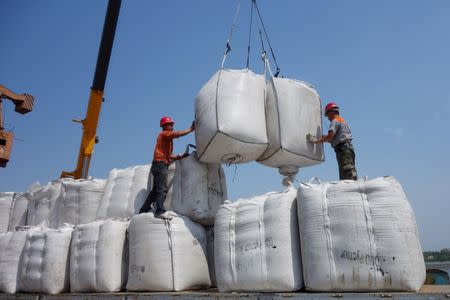 Workers unload sacks of soybeans imported from Russia at Heihe port in Heilongjiang province, China June 3, 2018. REUTERS/Stringer/Files