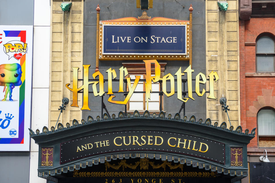 TORONTO, ONTARIO, CANADA - 2022/06/11: Sign of the play Harry Potter and the Cursed Child at the entrance of the Ed Mirvish theater located in Yonge Street in the downtown district. (Photo by Roberto Machado Noa/LightRocket via Getty Images)