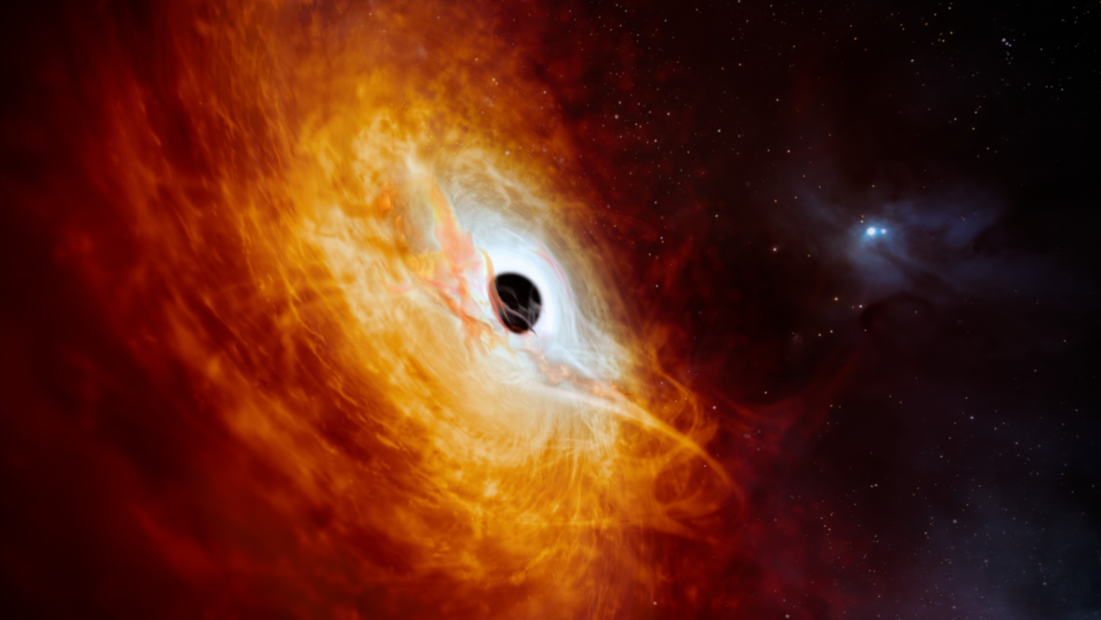  An illustration of the recording-breaker quasar J059-4351, the bright core of a distant galaxy that is powered by a greedy supermassive black hole. . 