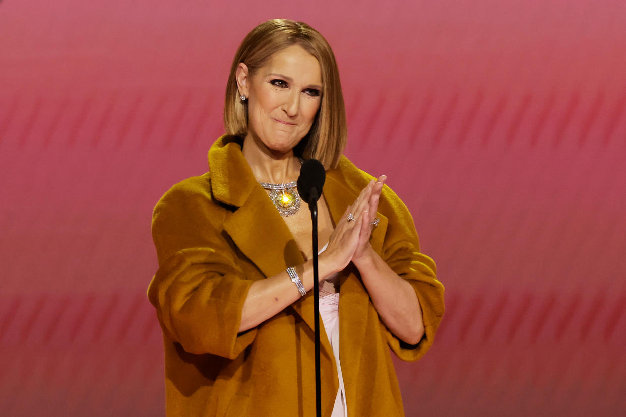 LOS ANGELES, CALIFORNIA - FEBRUARY 04: Celine Dion speaks onstage during the 66th GRAMMY Awards at Crypto.com Arena on February 04, 2024 in Los Angeles, California. (Photo by Kevin Winter/Getty Images for The Recording Academy)