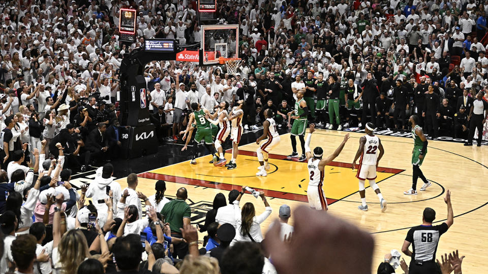 A wide shot of the moment Derrick White his his game-winner in game six of the Eastern Conference Finals.