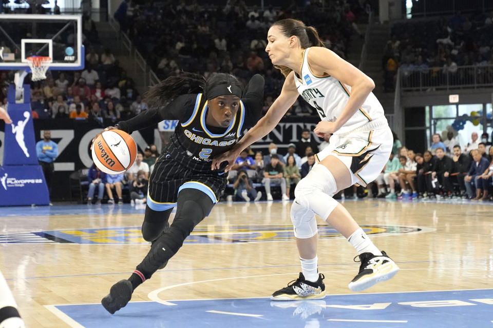 Chicago Sky's Kahleah Copper (2) drives to the basket past New York Liberty's Rebecca Allen during the first half in Game 2 of a WNBA basketball first-round playoff series Saturday, Aug. 20, 2022, in Chicago. (AP Photo/Charles Rex Arbogast)