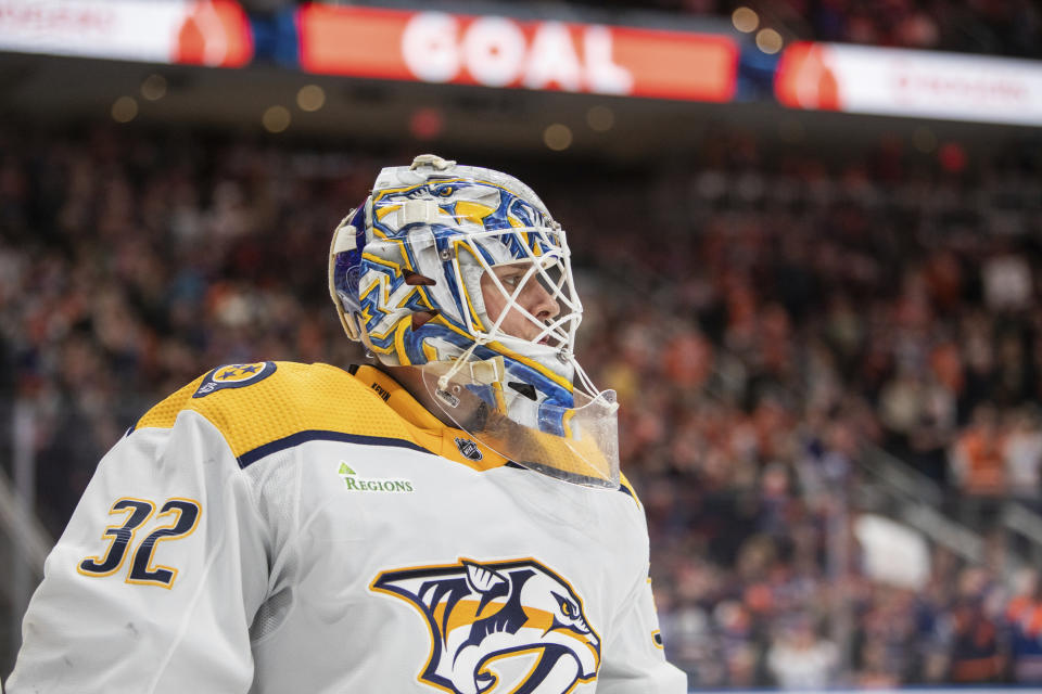 Nashville Predators goalie Kevin Lankinen looks on after an Edmonton Oilers goal during second-period NHL hockey game action in Edmonton, Alberta, Saturday, Jan. 27, 2024. (Amber Bracken/The Canadian Press via AP)