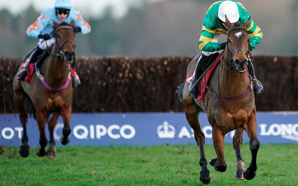 Barry Geraghty riding Defi Du Seuil (green) clear the last to win Matchbook Clarence House Chase from Un De Sceaux - Getty Images Europe