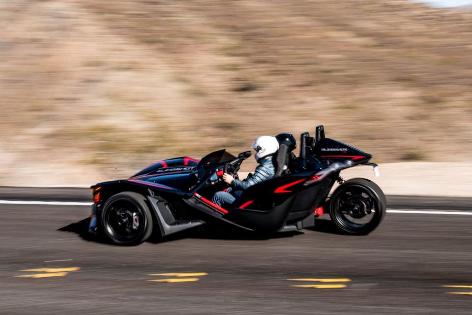 <p>Managing the Slingshot's increased power is a standard five-speed manual transmission or an optional five-speed automated manual called AutoDrive. We found the latter unit to be a great reason for learning to drive a stick.</p>