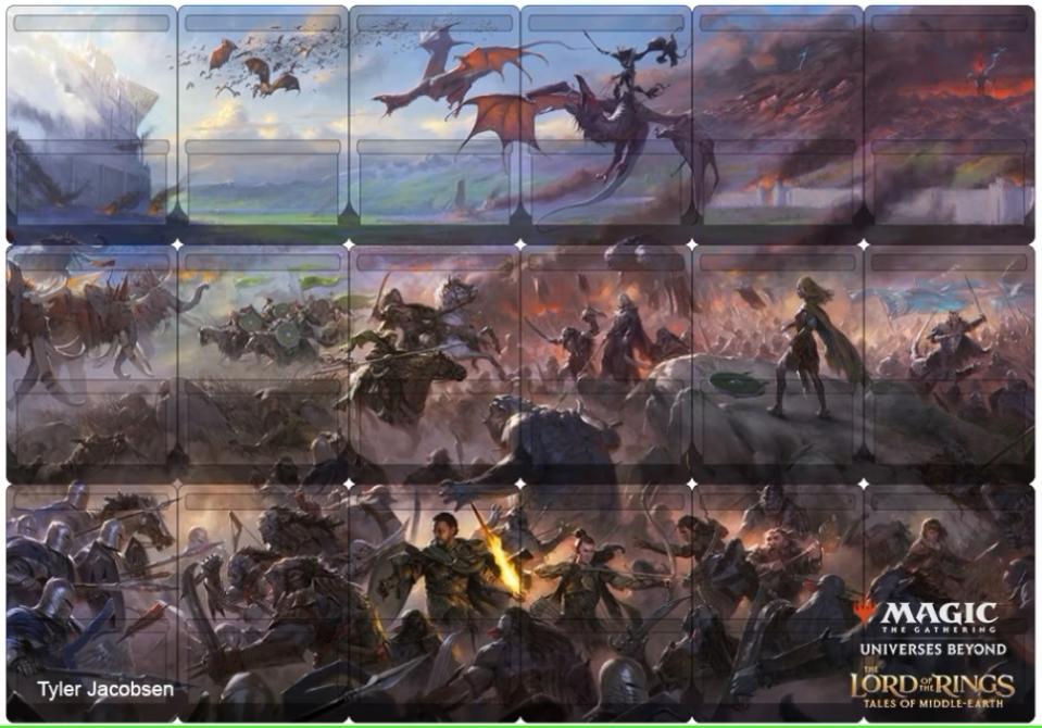 A compilation of 18 Magic: the Gathering Lord of the Rings cards that combine into a battle scene