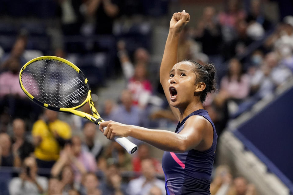 Leylah Fernandez, of Canada, reacts after winning the first set against Aryna Sabalenka,of Belarus, during the semifinals of the US Open tennis championships, Thursday, Sept. 9, 2021, in New York. (AP Photo/Elise Amendola)