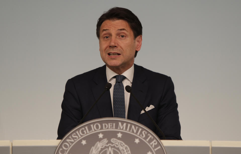 Italian premier Giuseppe Conte gives a press conference at Chigi Palace in Rome Thursday evening, Aug. 8, 2019. Italy faced a government crisis Thursday as Interior Minister Matteo Salvini of the right-wing League party called for a new election, saying his party's coalition with the populist 5-Star Movement had collapsed over policy differences. (AP Photo/Alberto Pellaschiar)