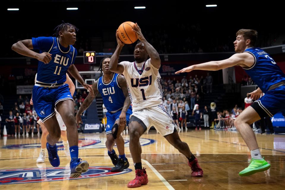 Southern Indiana’s Isaiah Swope (1) drives as the University of Southern Indiana Screaming Eagles play the Eastern Illinois University Panthers at Screaming Eagles Arena in Evansville, Ind., Thursday, Jan. 26, 2023.