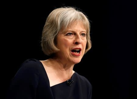 Britain's Home Secretary Theresa May speaks on the third day of the Conservative Party Conference in Manchester northern Britain, October 6 , 2015. REUTERS/Phil Noble