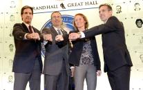 From left to right, Brendan Shanahan, Scott Niedermayer, Geraldine Heaney and Chris Chelios show off the rings they received Friday to mark their <b>Hockey Hall of Fame</b> inductions. The late Fred Shero is also being inducted with this year's class.