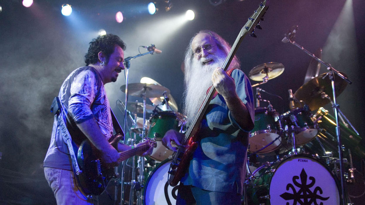   Steve Lukather and Leland "Lee" Bruce Sklar of Toto perform at The Music Mill on July 16, 2007 in Indianapolis, Indiana. 