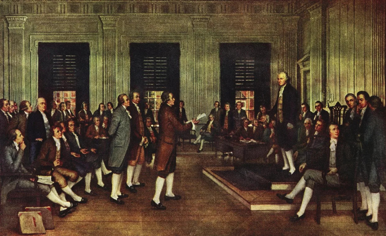 A 1935 painting depicts the 1787 meeting that adopted the U.S. Constitution. <a href="https://commons.wikimedia.org/wiki/File:%27The_Adoption_of_the_U.S._Constitution_in_Congress_at_Independence_Hall,_Philadelphia,_Sept._17,_1787%27_(1935),_by_John_H._Froehlich.jpg" rel="nofollow noopener" target="_blank" data-ylk="slk:John H. Froehlich via Wikimedia Commons;elm:context_link;itc:0;sec:content-canvas" class="link rapid-noclick-resp">John H. Froehlich via Wikimedia Commons</a>
