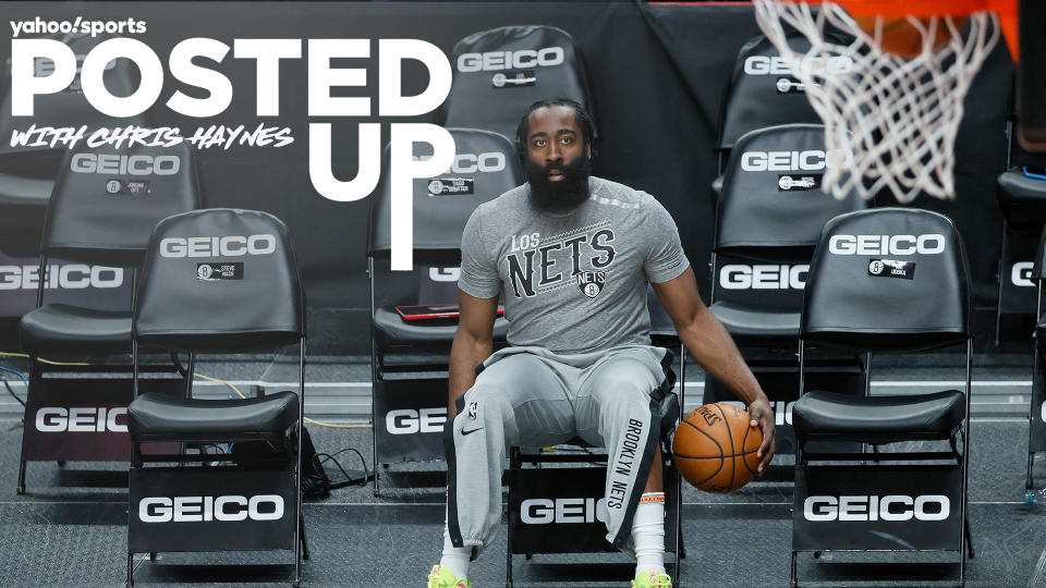 Brooklyn Nets guard James Harden warms up on the bench pre-game. Is the superstar a legit contender in the MVP race in a wide-open year? (Photo by Steph Chambers/Getty Images)