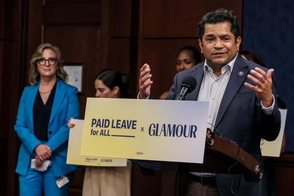 Representative Jimmy Gomez (D-Calif.) speaks at the press conference rally hosted by Paid Leave for All and Glamour.