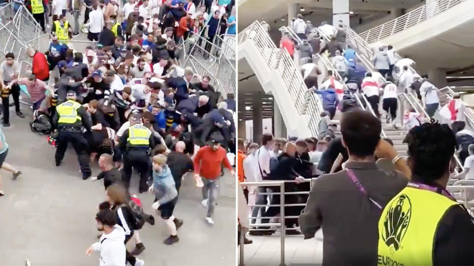 Ticketless fans, pictured here storming Wembley Stadium ahead of the Euro 2020 final.