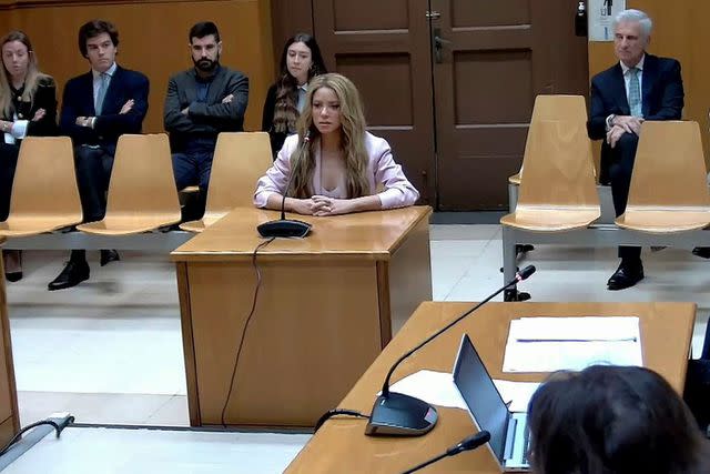 <p>Superior Court of Justice of Catalonia/HANDOUT/EPA-EFE/Shutterstock </p> Shakira testifying at Barcelona Provincial Court on the first day of her trial for allegedly defrauding Spanish tax officials of 14.5 million euro in taxes between 2012 and 2014