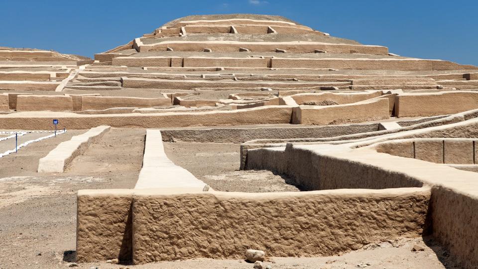 Nazca pyramid at Cahuachi archeological site in the Nazca desert of Peru, Panoramic view.