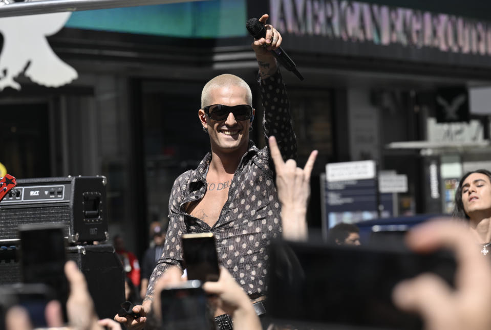 Singer Damiano David and the Italian rock band Måneskin perform in Times Square on Friday, Sept. 15, 2023, in New York. (Photo by Evan Agostini/Invision/AP)