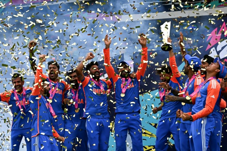 The Indian team celebrate after winning the ICC men's Twenty20 World Cup 2024 final (CHANDAN KHANNA)