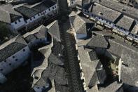 Empty streets are seen from above in Gjirokastra town, southern Albania, Saturday, Feb. 6, 2021. Tourism had been flourishing in the UNESCO-protected city of Gjirokastra but the coronavirus pandemic brought an abrupt halt to that, with the prospects still bleak in 2021, and now residents are calling for government help to keep their businesses afloat. (AP Photo/Hektor Pustina)