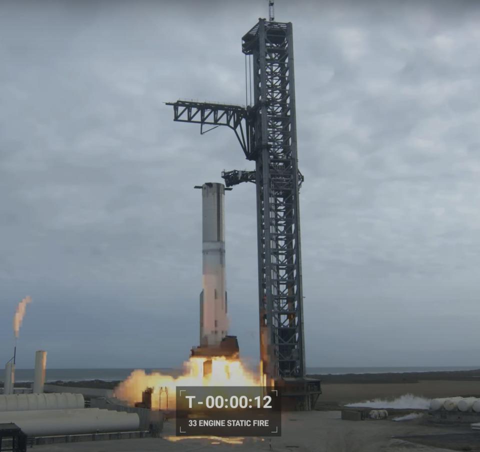 SpaceX's Super Heavy booster on the launchpad at the Starbase facility.