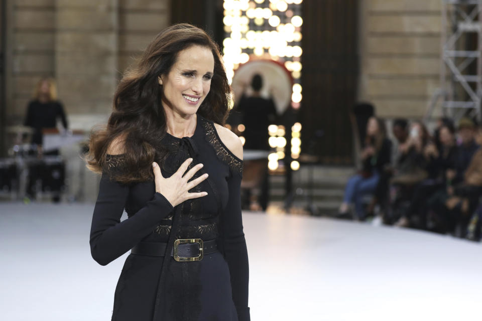 Actress Andie MacDowell wears a creation as part of the L'Oreal Ready To Wear Spring-Summer 2020 collection, unveiled during the fashion week, in Paris, Saturday, Sept. 28, 2019. (Photo by Vianney Le Caer/Invision/AP)