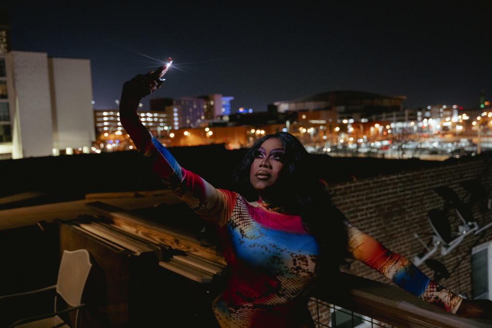Infiniti Bonet takes a selfie of her first performance look for the drag show at IBIS.<span class="copyright">Andrea Morales for TIME</span>