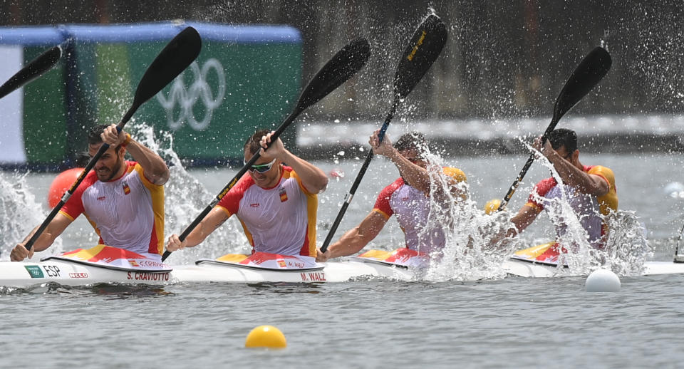 Spain's Saul Craviotto, Spain's Marcus Walz, Spain's Carlos Arevalo and Spain's Rodrigo Germade compete to winning the silver medal in the men's kayak four 500m final during the Tokyo 2020 Olympic Games at Sea Forest Waterway in Tokyo on August 7, 2021. (Photo by Philip FONG / AFP) (Photo by PHILIP FONG/AFP via Getty Images)