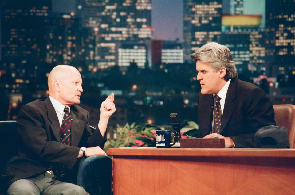 THE TONIGHT SHOW WITH JAY LENO -- Episode 1181 -- Pictured: (l-r) Boxing referee Mills Lane during an interview with host Jay Leno on July 8, 1997 -- (Photo by: Margaret Norton/NBCU Photo Bank/NBCUniversal via Getty Images via Getty Images)