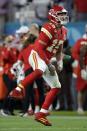 Kansas City Chiefs' quarterback Patrick Mahomes celebrates his touchdown pass to Damien Williams in the the second half of the NFL Super Bowl 54 football game Sunday, Feb. 2, 2020, in Miami Gardens, Fla. (AP Photo/John Bazemore)