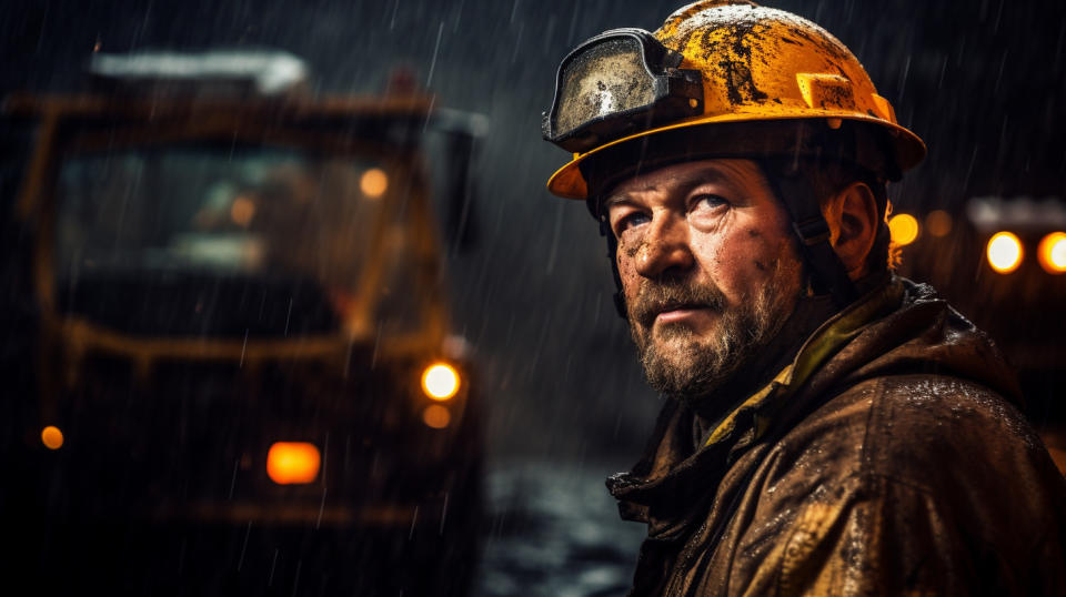 A miner deep in a mine with the company's advanced off-the-road equipment in the background.