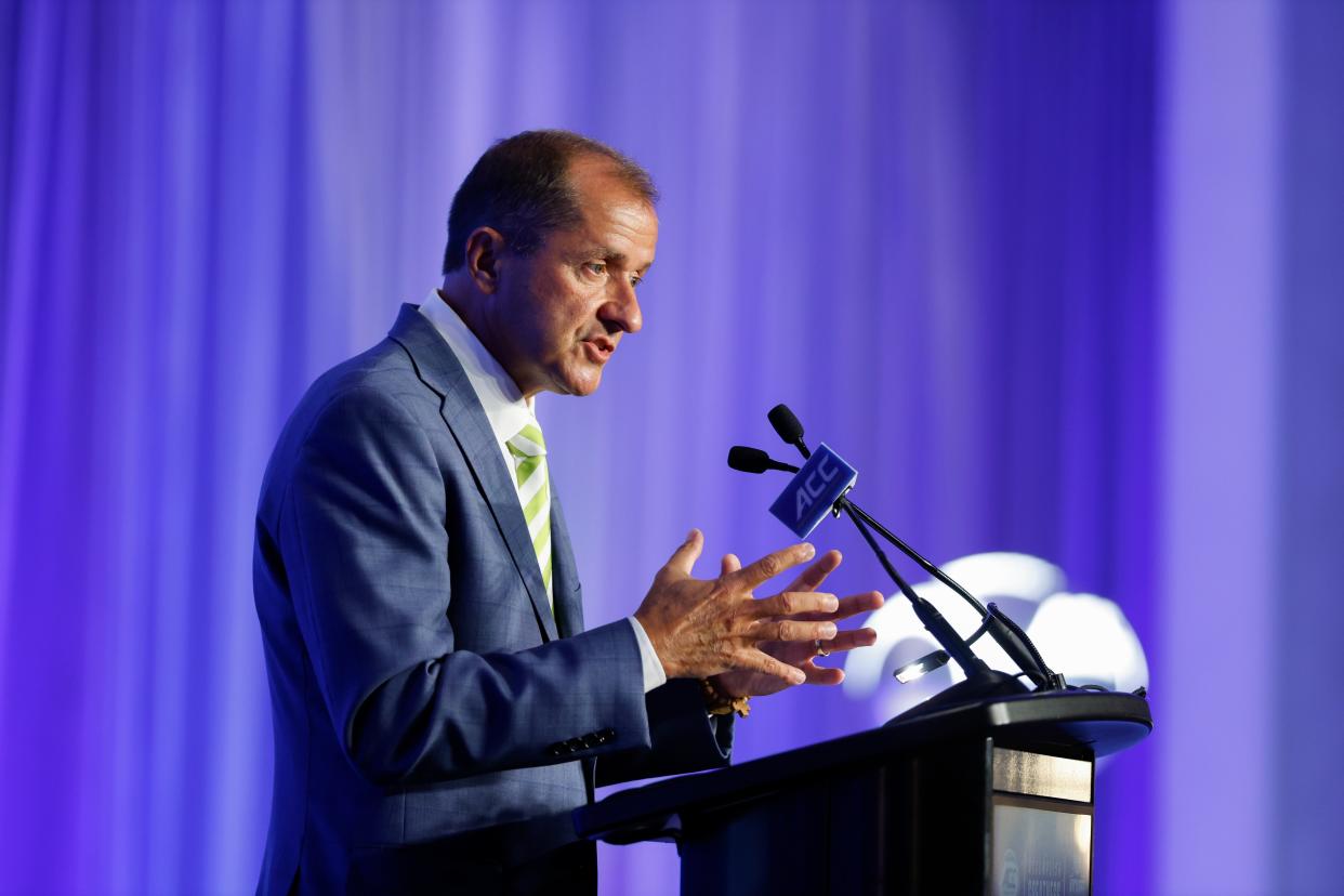 ACC commissioner Jim Phillips speaks to the media at the 2024 ACC Kickoff in Charlotte, N.C., Monday, July 22, 2024. (Photo by Nell Redmond/ACC)