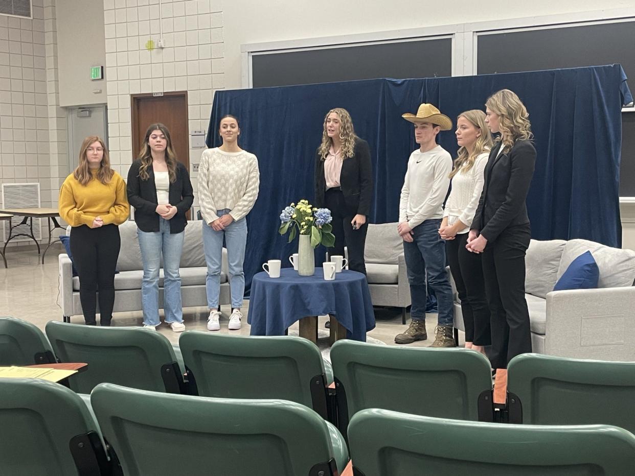 The Whiteford High School students competed in the ag issues category and earned a gold award for third place in the state. The students performed a 15-minute skit and answered questions about their ag issue: increasing H2A wage. Shown (from left) are: Ava Fielder, Brooklyn Mills, Margo Thomas, Kenzie Gray, Zach Kahn, Reagan Wing and Alaina McClain.