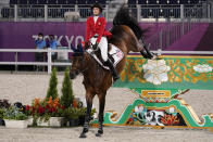 United States' Jessica Springsteen, riding Don Juan van de Donkhoeve, competes during the equestrian jumping individual qualifying at Equestrian Park in Tokyo at the 2020 Summer Olympics, Tuesday, Aug. 3, 2021, in Tokyo, Japan. (AP Photo/Carolyn Kaster)