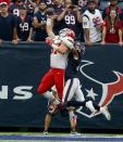 <p>Travis Kelce #87 of the Kansas City Chiefs is unable to make the catch as heis defended by A.J. Bouye #21 of the Houston Texans in the fourth quarter at NRG Stadium on September 18, 2016 in Houston, Texas. (Photo by Bob Levey/Getty Images) </p>