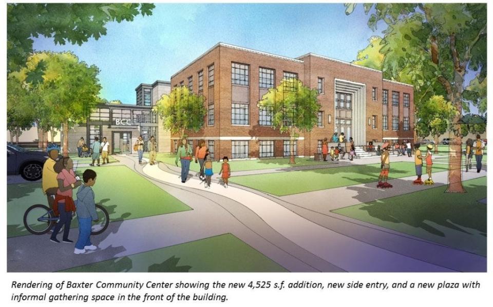 A rendering shows the renovated and expanded Baxter Community Center in Louisville's Russell neighborhood, with the project expected to wrap up by 2024.