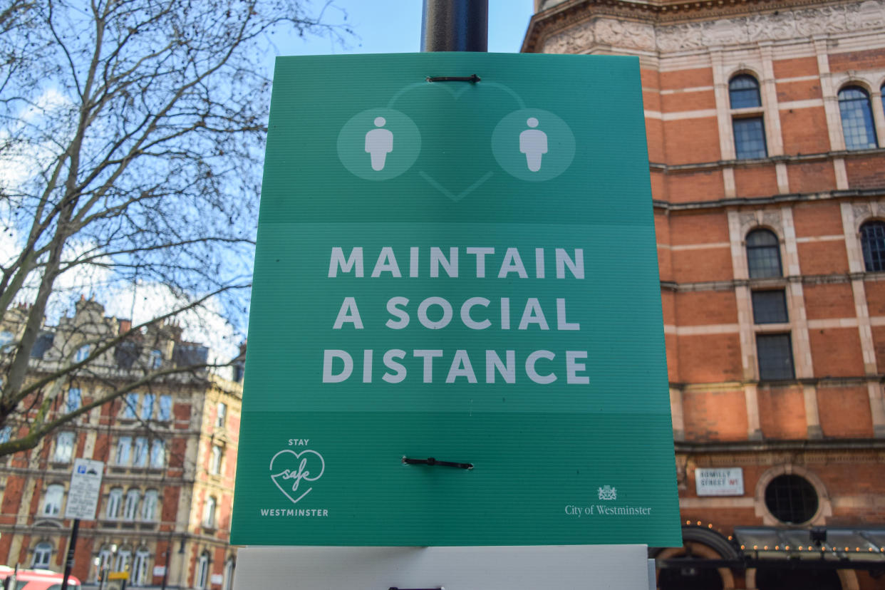 LONDON, UNITED KINGDOM - 2021/02/10: 'Maintain A Social Distance' sign in Soho, London.
Most businesses remain shut in the UK as the nation continues to battle with the coronavirus pandemic. (Photo by Vuk Valcic/SOPA Images/LightRocket via Getty Images)