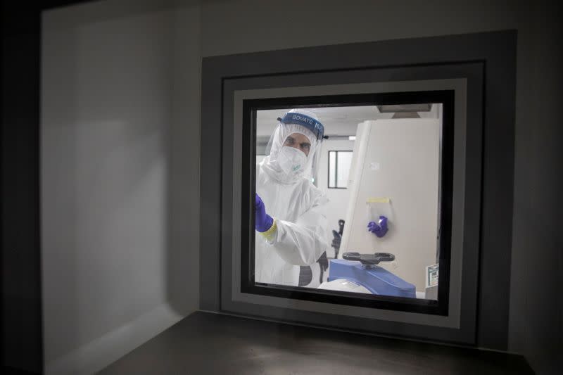 FILE PHOTO: A scientist works with samples taken for testing for the coronavirus disease (COVID-19) in Belgrade