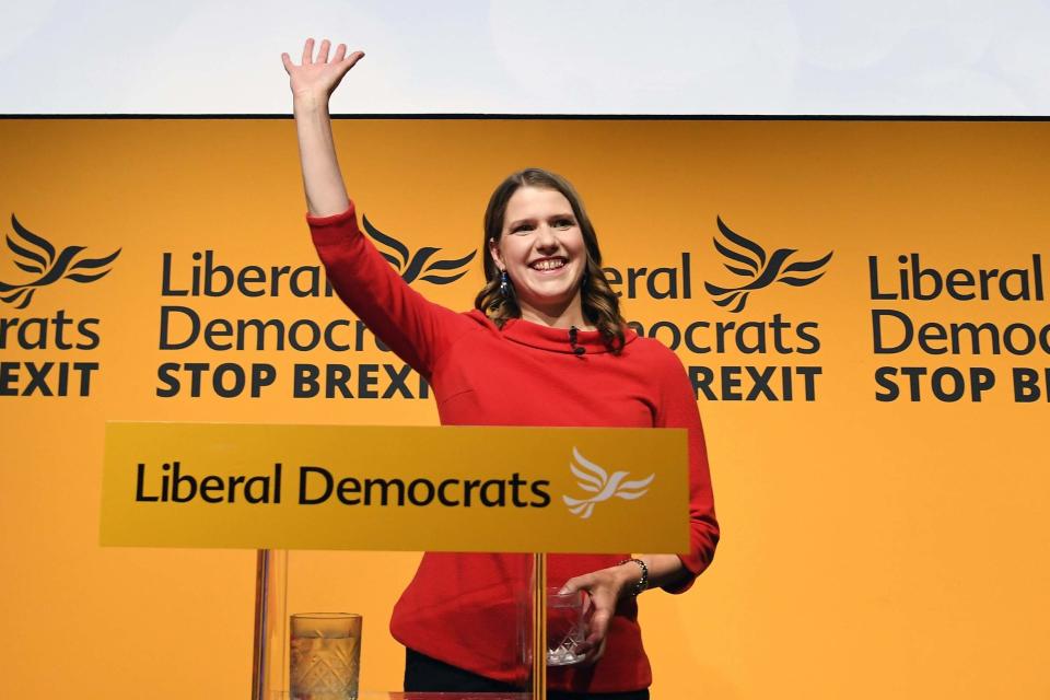 Jo Swinson delivers a speech after she became the new leader of the Liberal Democratic Party (EPA)