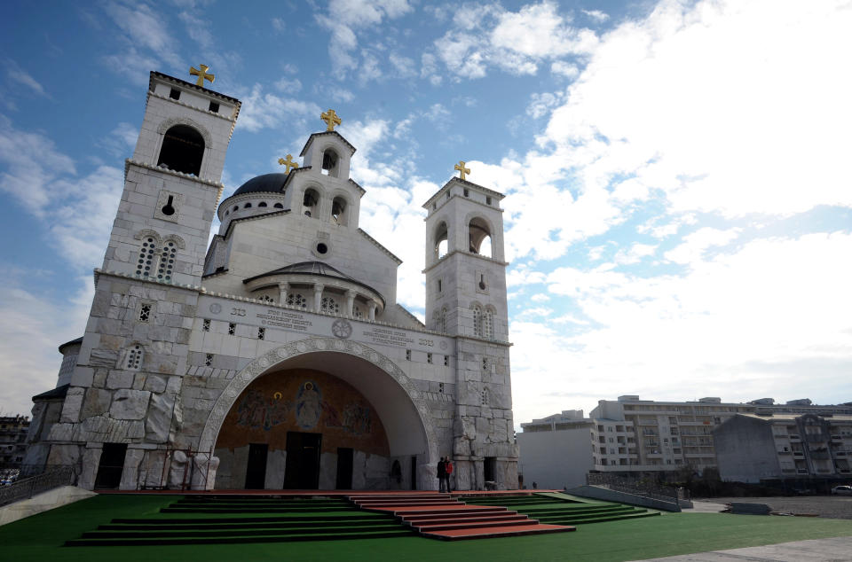 This photo taken Tuesday, Feb. 4, 2014 shows the Serbian Orthodox Church of Christ's Resurrection in Montenegro's capital Podgorica. The brightly-colored newly painted fresco in the Serbian Orthodox Church of Christ's Resurrection has triggered much attention and public controversy in this tiny former communist country. (AP Photo/Risto Bozovic)