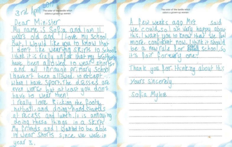 Sofia's letter to education minister Sue Ellery.