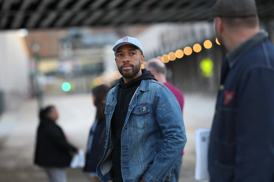 In his final hours of campaigning, Democratic candidate Mandela Barnes greets workers outside of the Molson Coors plant in Milwaukee on Tuesday.