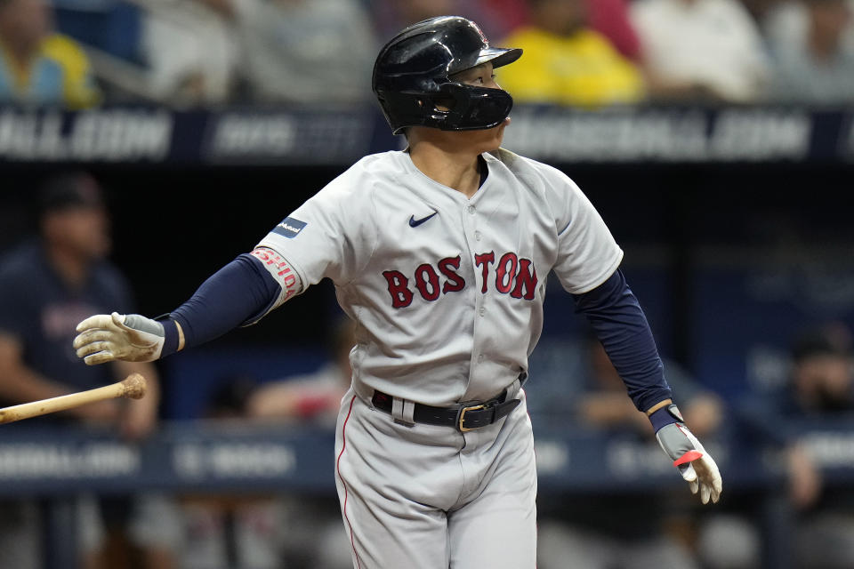 Boston Red Sox's Masataka Yoshida, of Japan, watches his two-run home run off Tampa Bay Rays relief pitcher Andrew Kittredge during the eighth inning of a baseball game Monday, Sept. 4, 2023, in St. Petersburg, Fla. (AP Photo/Chris O'Meara)