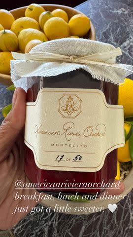 <p>Tracy Robbins/Instagram</p> Tracy Robbins shares a photo of Meghan Markle's jam for American Riviera Orchard in April 2024