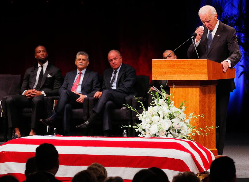 Former Vice President Joe Biden speaks at a memorial service for U.S. Senator John McCain in Phoenix, Arizona, U.S., August 30, 2018. REUTERS/Brian Snyder