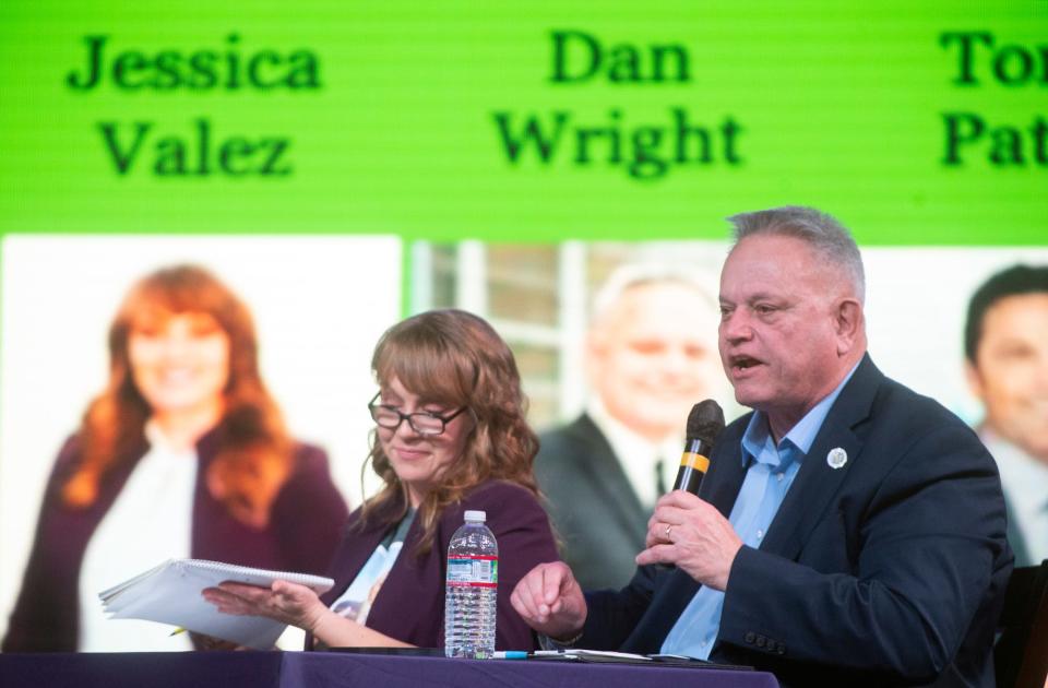 Jessica Valez, left, and Dan Wright participate in a Stockton mayoral candidates forum at the Victory in Praise church in Stockton on Feb. 1, 2024.