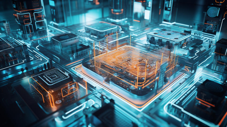 The inner workings of a semiconductor manufacturing facility, neon hued machines humming with activity.