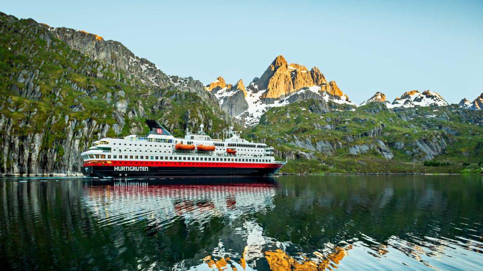 A Hurtigruten cruise ship in the Lofoten Islands of Norway