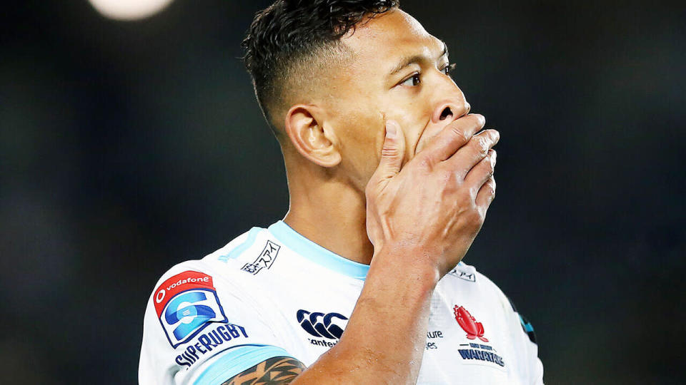 Israel Folau of the Waratahs looks on during the round 8 Super Rugby match between the Blues and Waratahs at Eden Park on April 06, 2019 in Auckland, New Zealand. (Photo by Anthony Au-Yeung/Getty Images)